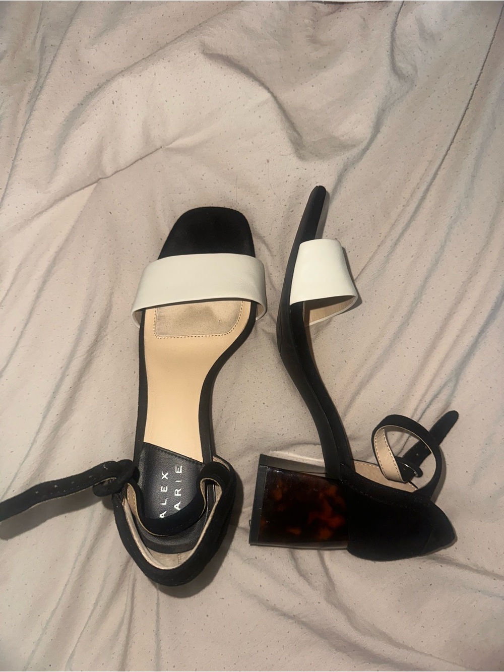 Alex Marie Black and White Ankle-Strap Block Heel Sandals